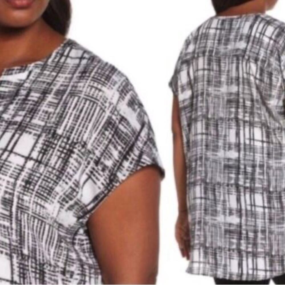 Sejour Career Cap Sleeve Tunic, Abstract Geo Print, Black/White, Plus, 1X